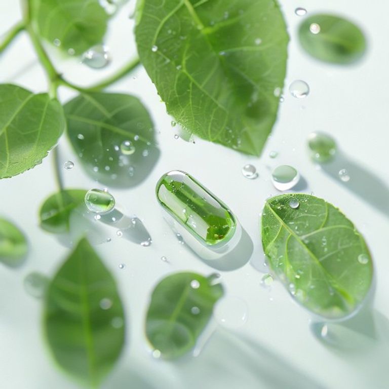 Fresh green leaves, water droplets and a plant-based capsule
