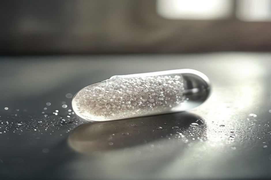 A calcium alpha-ketoglutarate (Ca-AKG) supplement capsule filled with white powder on a steel lab surface, illustrating the AKG longevity supplement