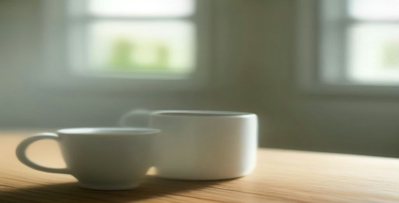 A plain mug of water and a scattering of fine white powder on a wooden table in morning light, illustrating D-serine supplementation for brain aging