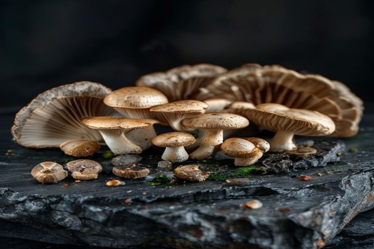 Fresh oyster, shiitake and king oyster mushrooms on dark slate — the richest dietary source of ergothioneine, the longevity vitamin