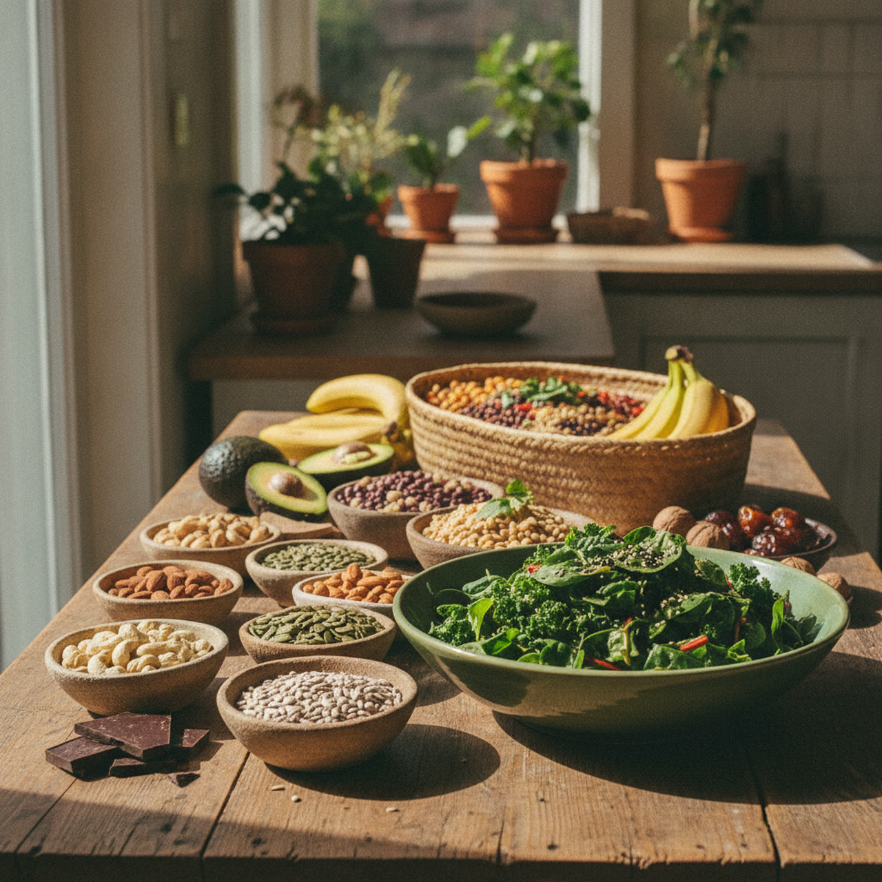 Magnesium-rich whole foods — greens, nuts and legumes