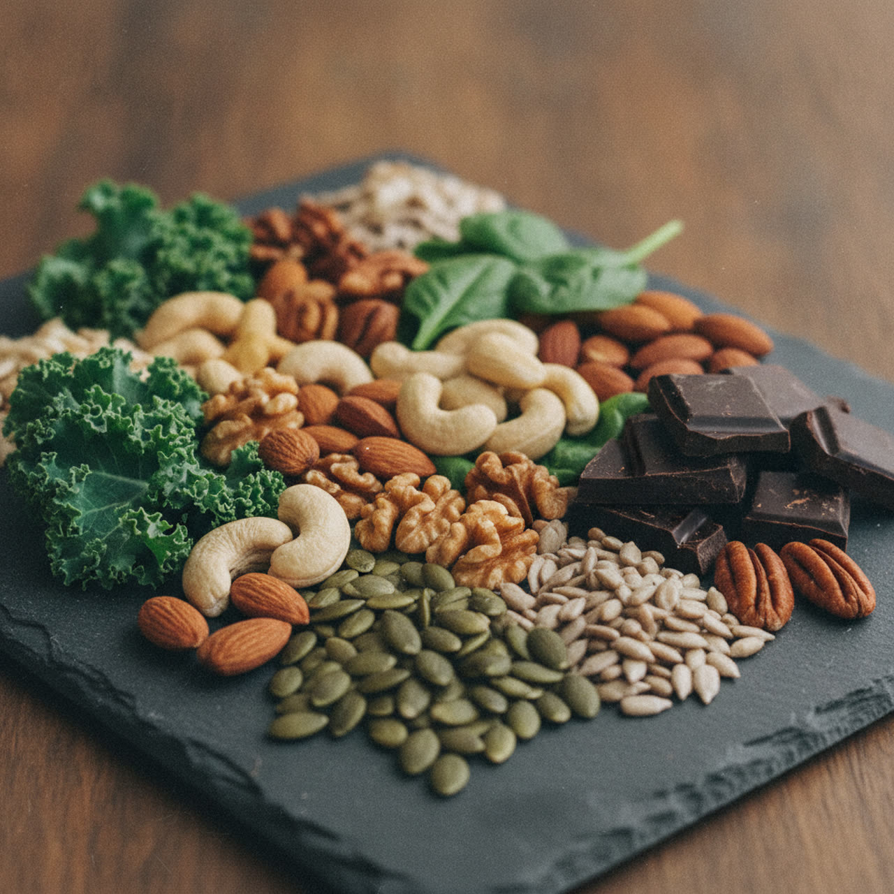 Leafy greens, nuts, seeds and dark chocolate on slate, foods rich in magnesium