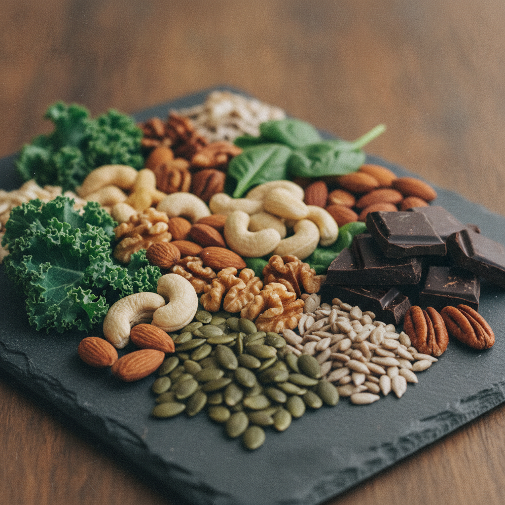 Leafy greens, nuts, seeds and dark chocolate on slate, foods rich in magnesium