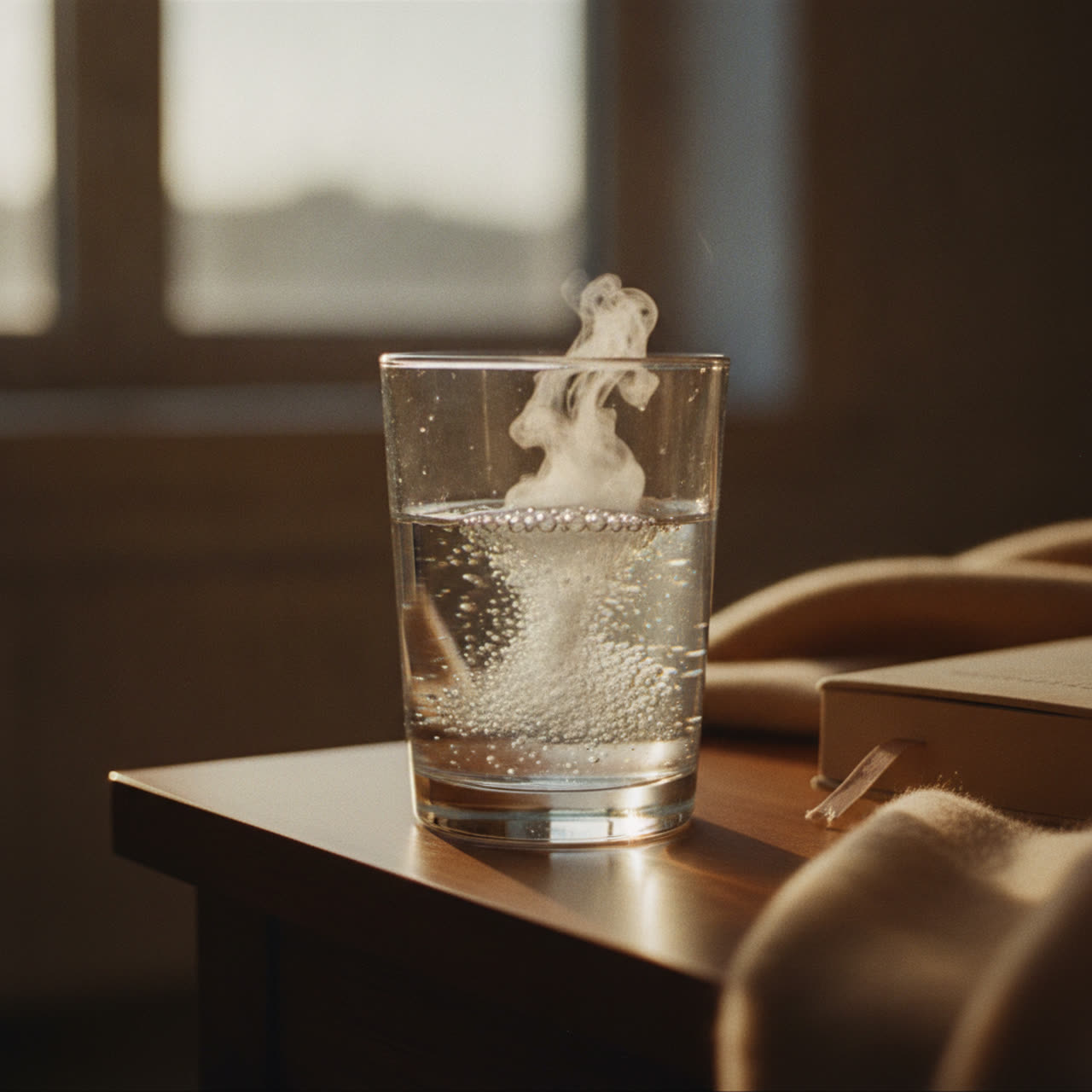 A glass of water with a magnesium supplement in calm evening light