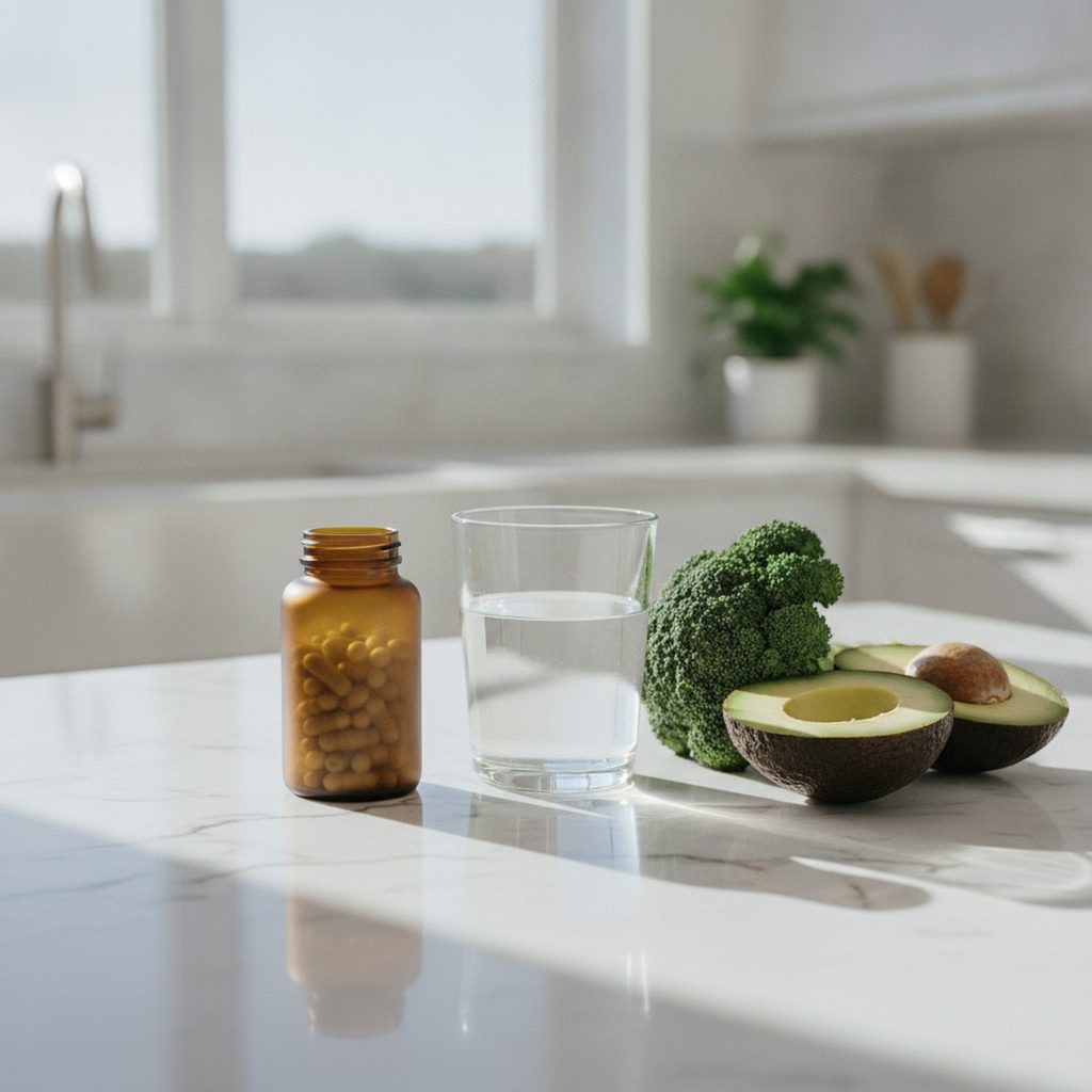 An amber bottle of NMN capsules beside a glass of water, broccoli and avocado on a marble counter — the NMN NAD+ longevity supplement in a clean-eating setting