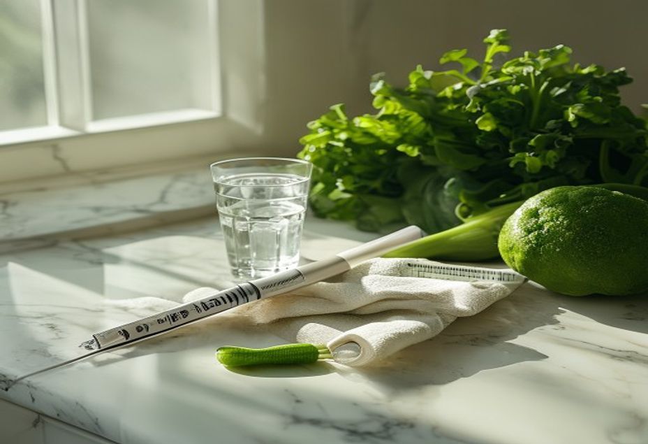 A GLP-1 semaglutide injection pen on a marble counter beside a glass of water and fresh green vegetables, illustrating the question of whether Ozempic can slow aging