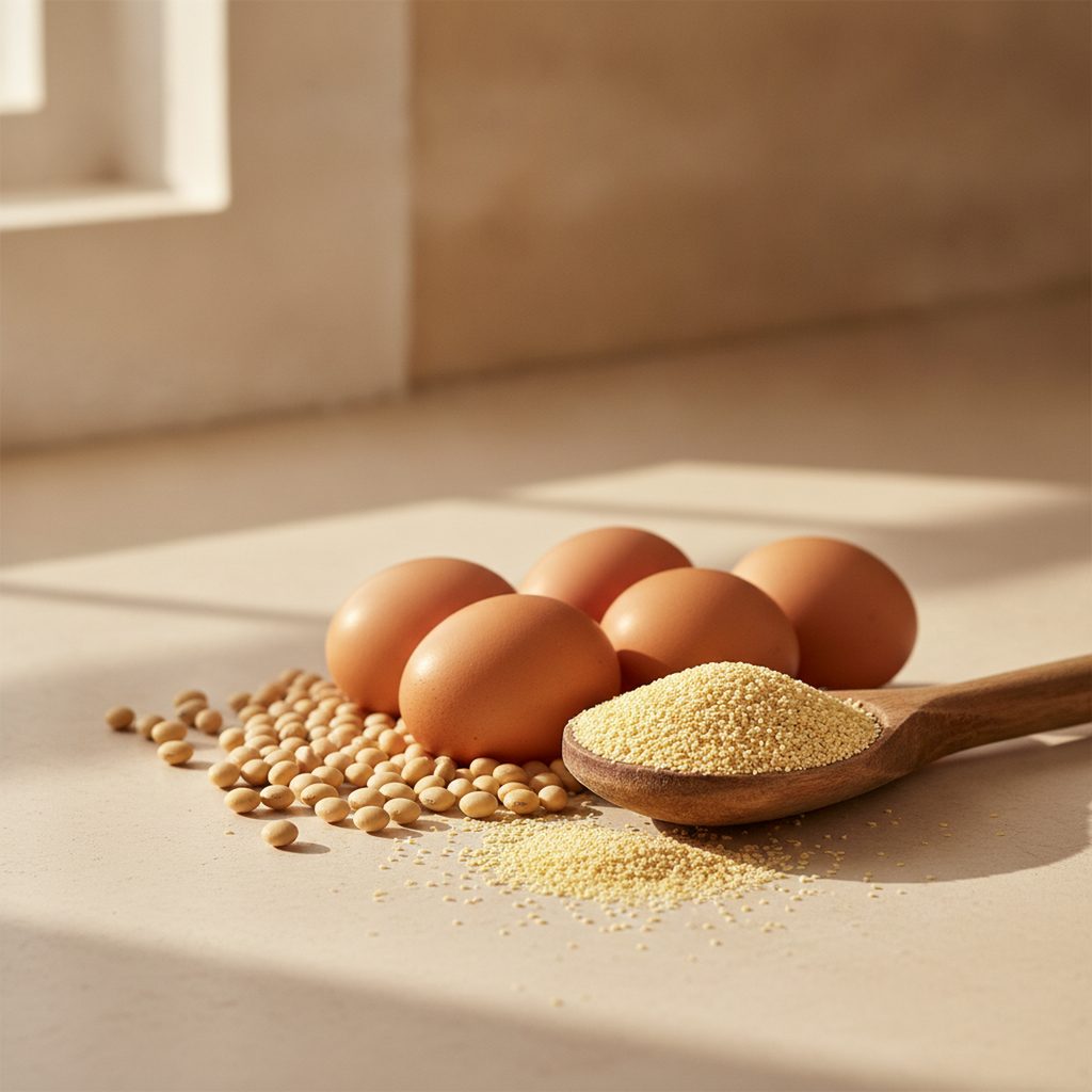 Eggs, soybeans and a spoon of sunflower lecithin on a stone counter — dietary sources of phosphatidylcholine, the membrane lipid tied to mitochondrial aging