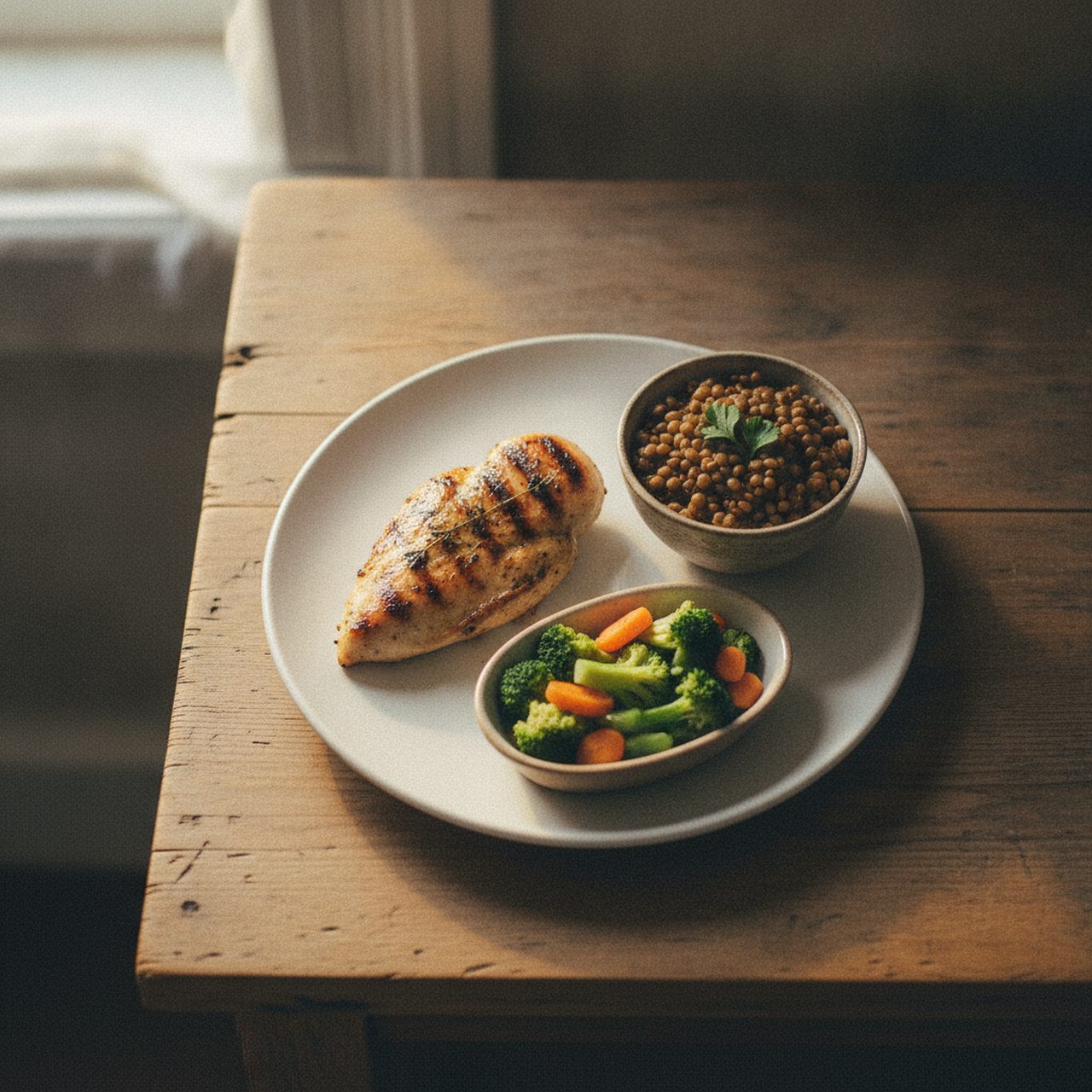 Chicken breast, lentils and vegetables on a wooden table — how much protein per day is optimal for aging and longevity