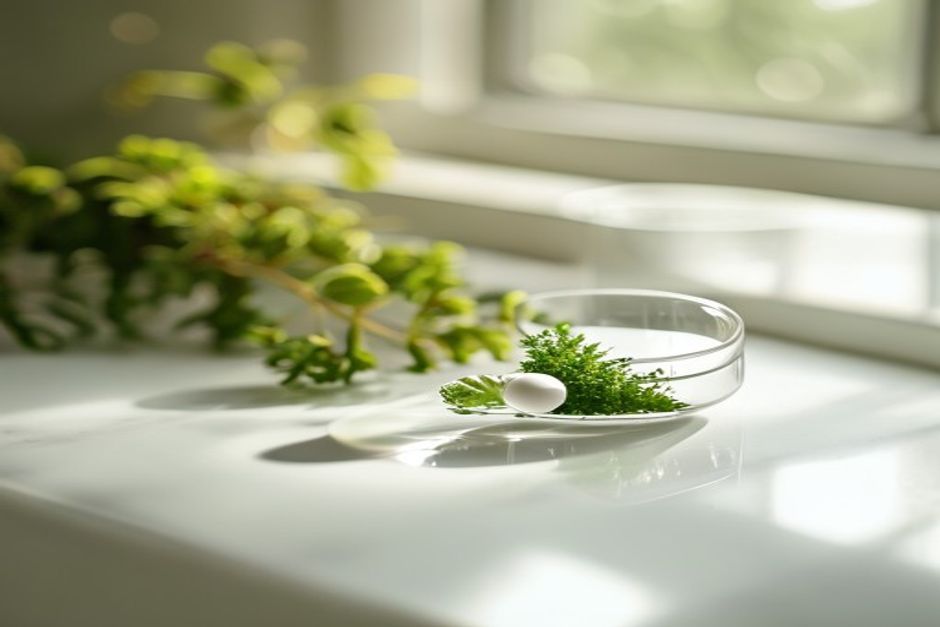 A single white rapamycin pill beside a glass petri dish and a sprig of green moss on a clean marble lab bench, illustrating whether rapamycin slows aging