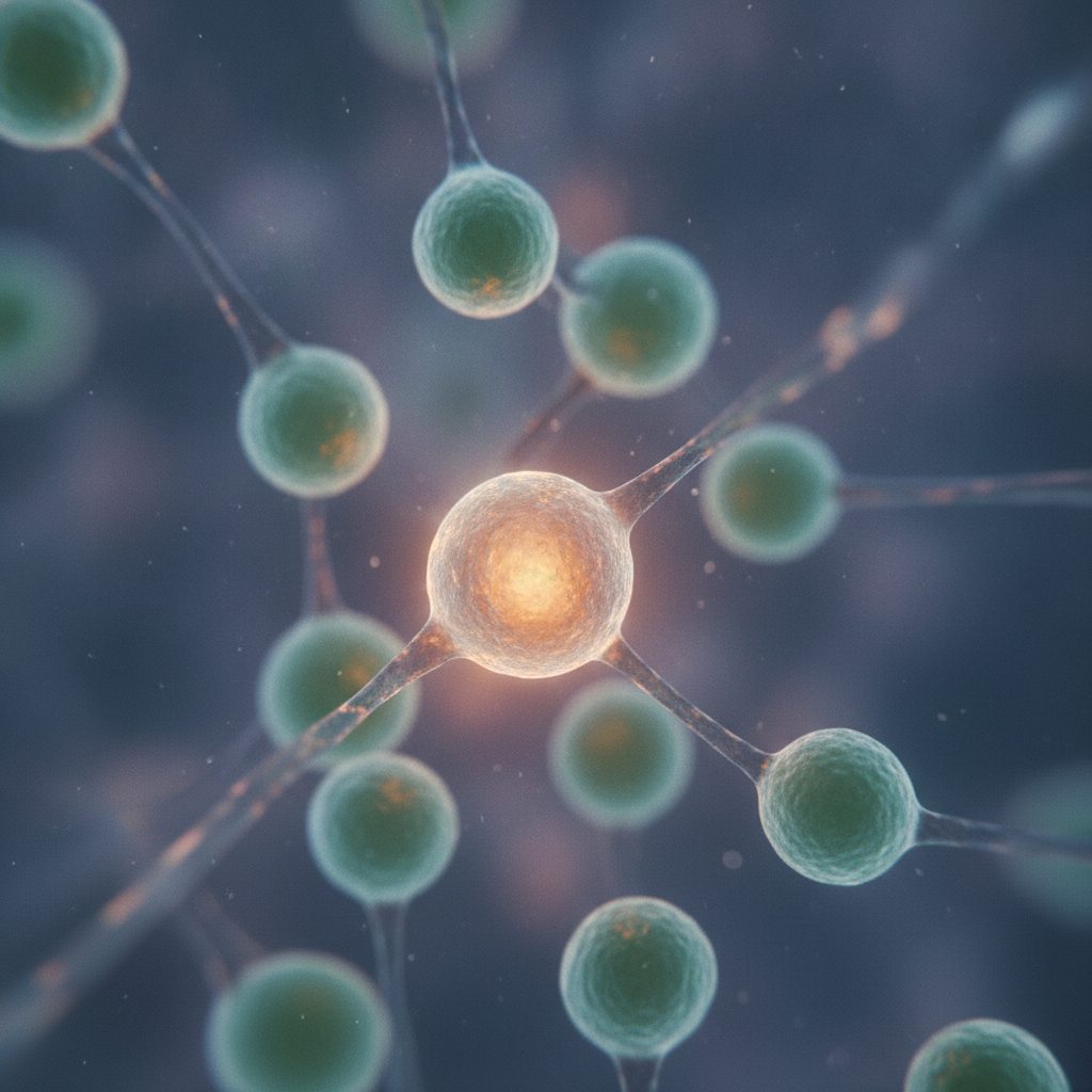 Microscope view of a single glowing amber senescent zombie cell among healthy blue-green cells, illustrating how senolytics target senescent cells for longevity