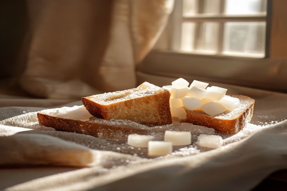 Sugar cubes beside golden-brown toast in warm window light — a visual metaphor for glycation and advanced glycation end products (AGEs) aging the body