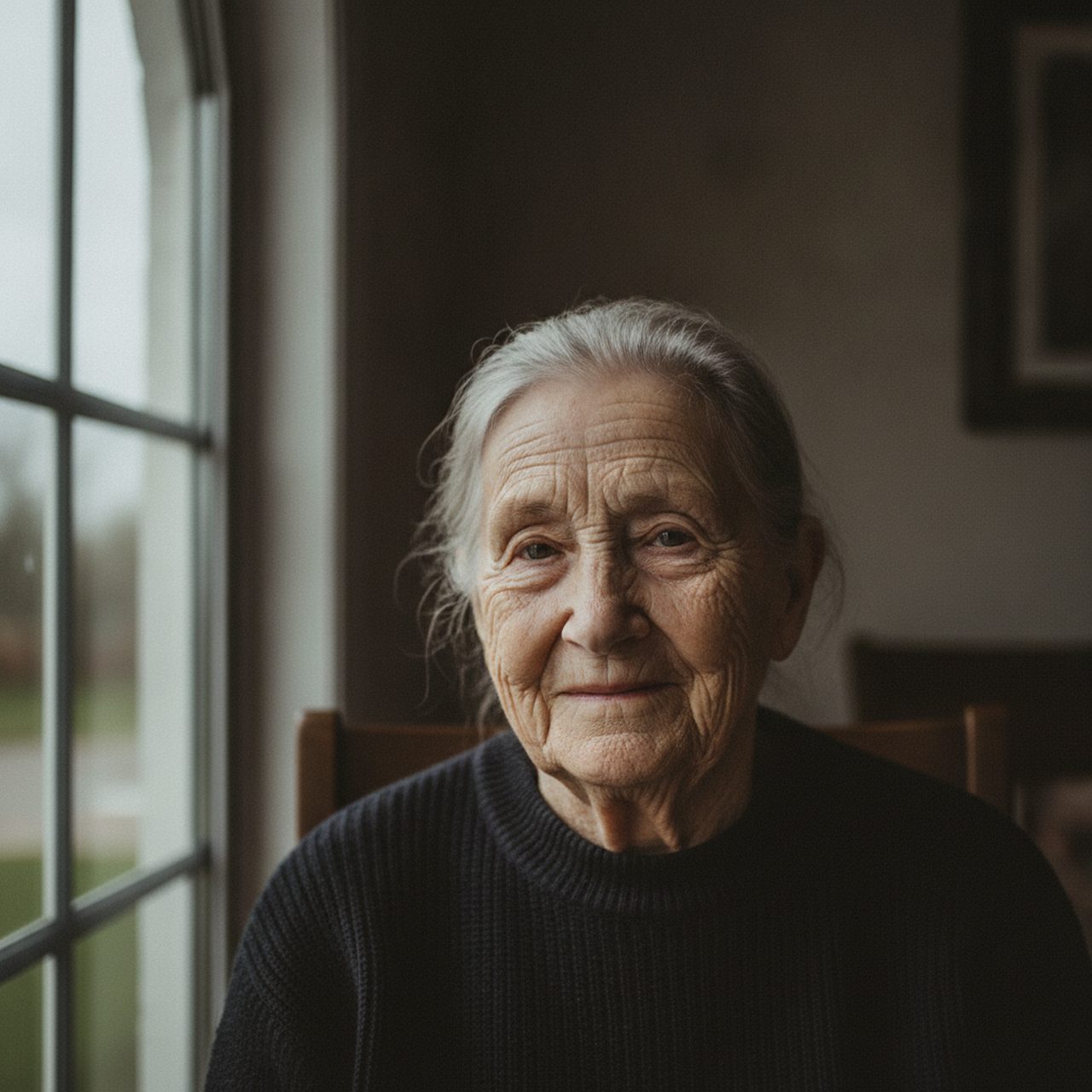 Portrait of an alert woman in her late eighties by a window — SuperAgers keep exceptional memory into their eighties and nineties