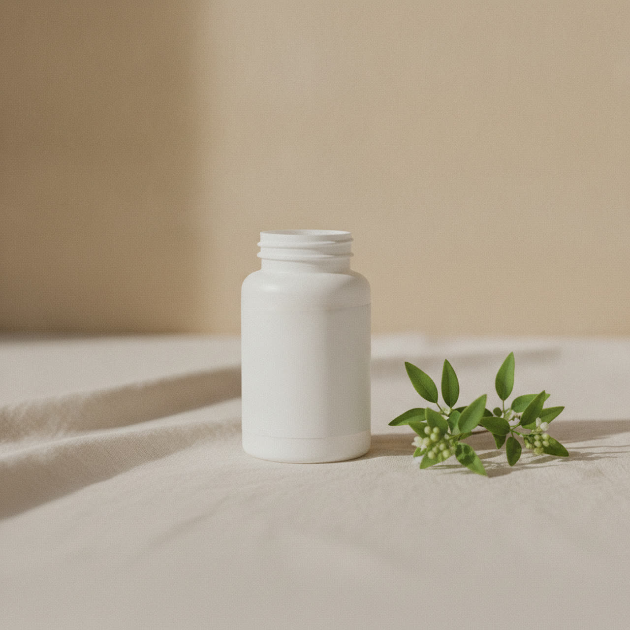 Clean dietary supplement bottle with green botanical