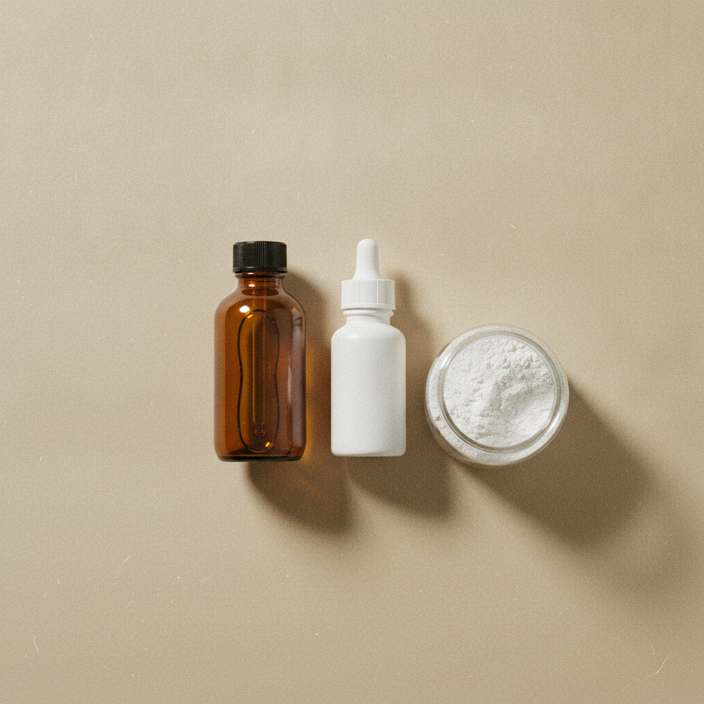 Minimalist flat lay of fish oil, vitamin D and creatine supplement bottles