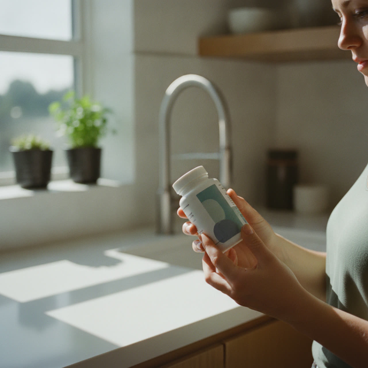 Person reading a supplement label in a bright kitchen