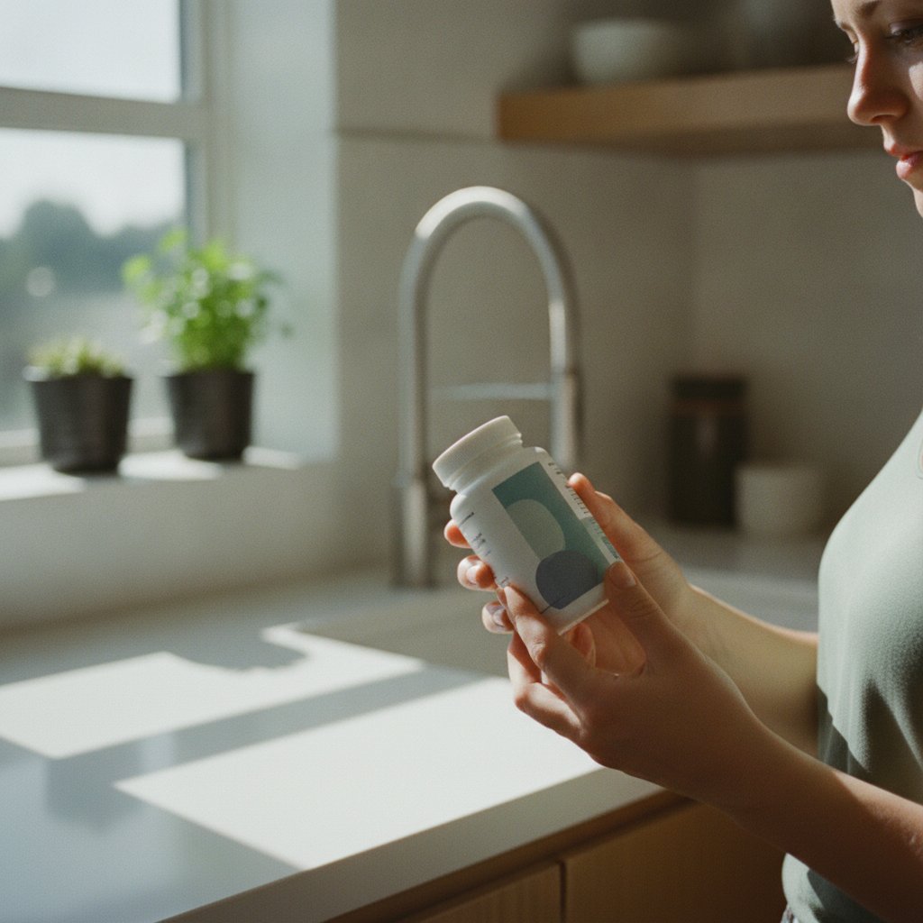 Person reading a supplement label in a bright kitchen