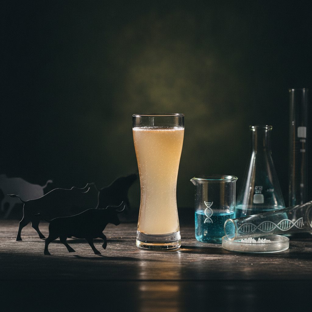 A glass of amber energy drink beside laboratory glassware — taurine, the longevity supplement whose anti-aging evidence was challenged in 2025