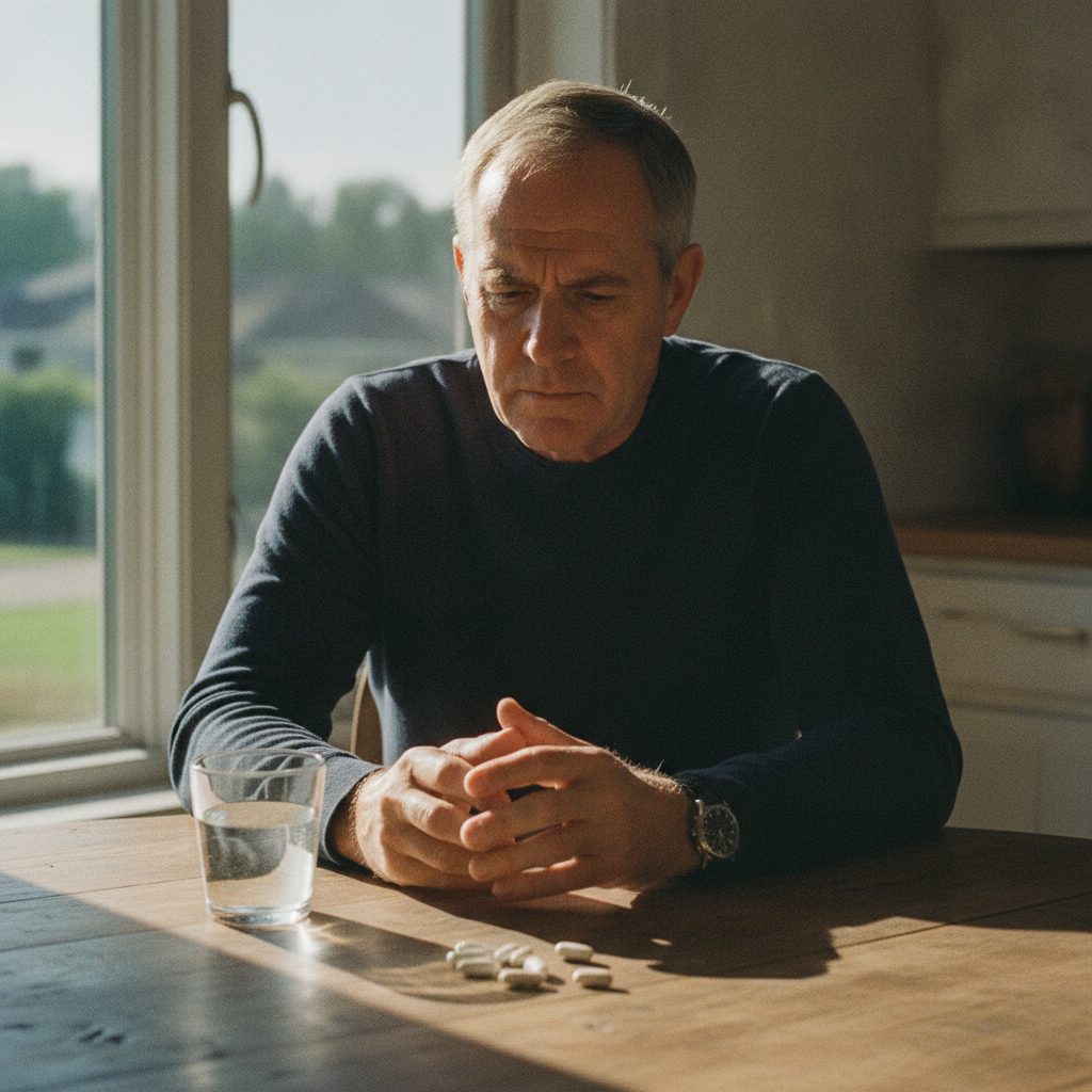 A man in his fifties sits by a window with a few white amino-acid capsules and a glass of water — tyrosine and lifespan, the focus supplement now under scrutiny for men