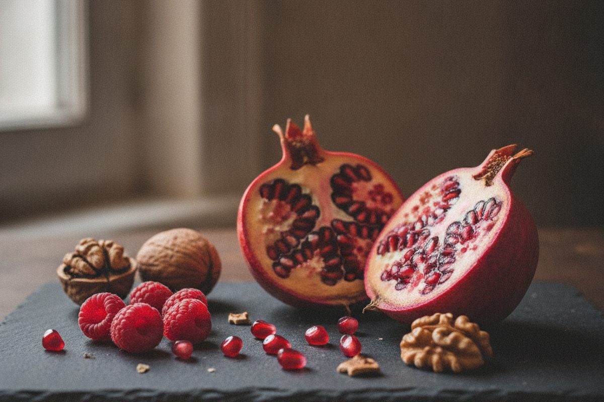 Split pomegranate, walnuts and raspberries — the dietary ellagitannin sources your gut turns into urolithin A